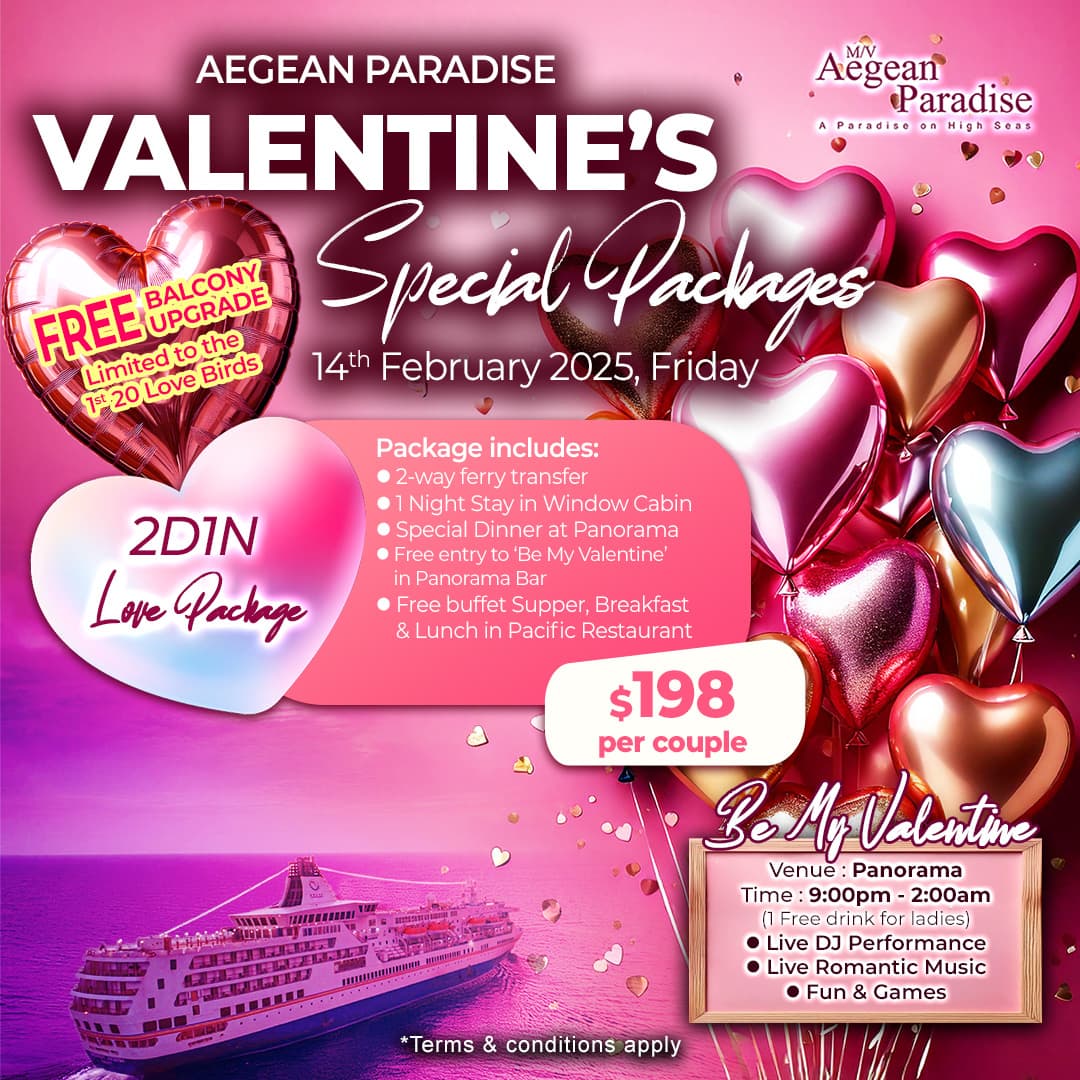 Valentine 2D1N package poster for M.V Aegean Paradise