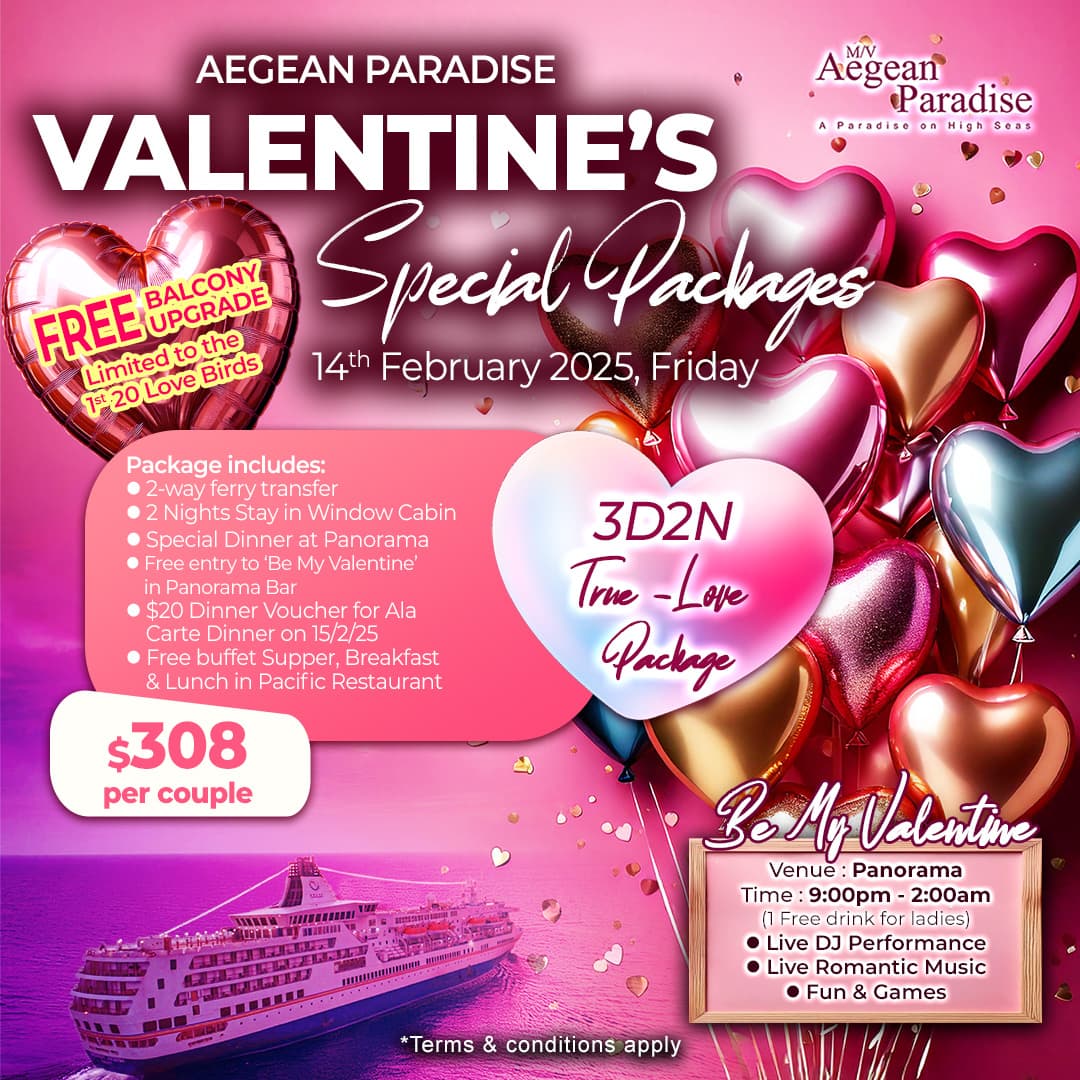 Valentine 3D2N package poster for M.V Aegean Paradise