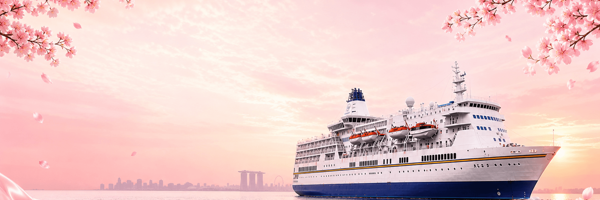 M.V Aegean Paradise ship sailing on a pink sea at sunrise